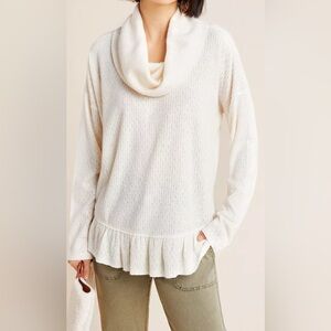 Maeve Anthropologie Cream Cowl Neck Addie Ruffled Hacci Pullover Sweater